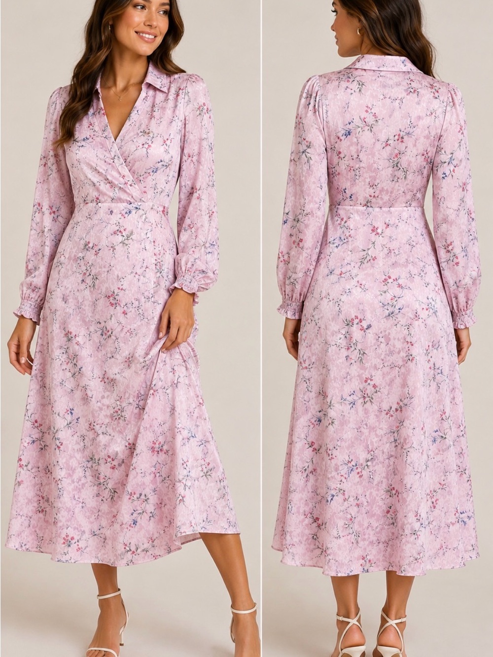 Koko + Mason Pink Floral Satin like Midi Dress Medium